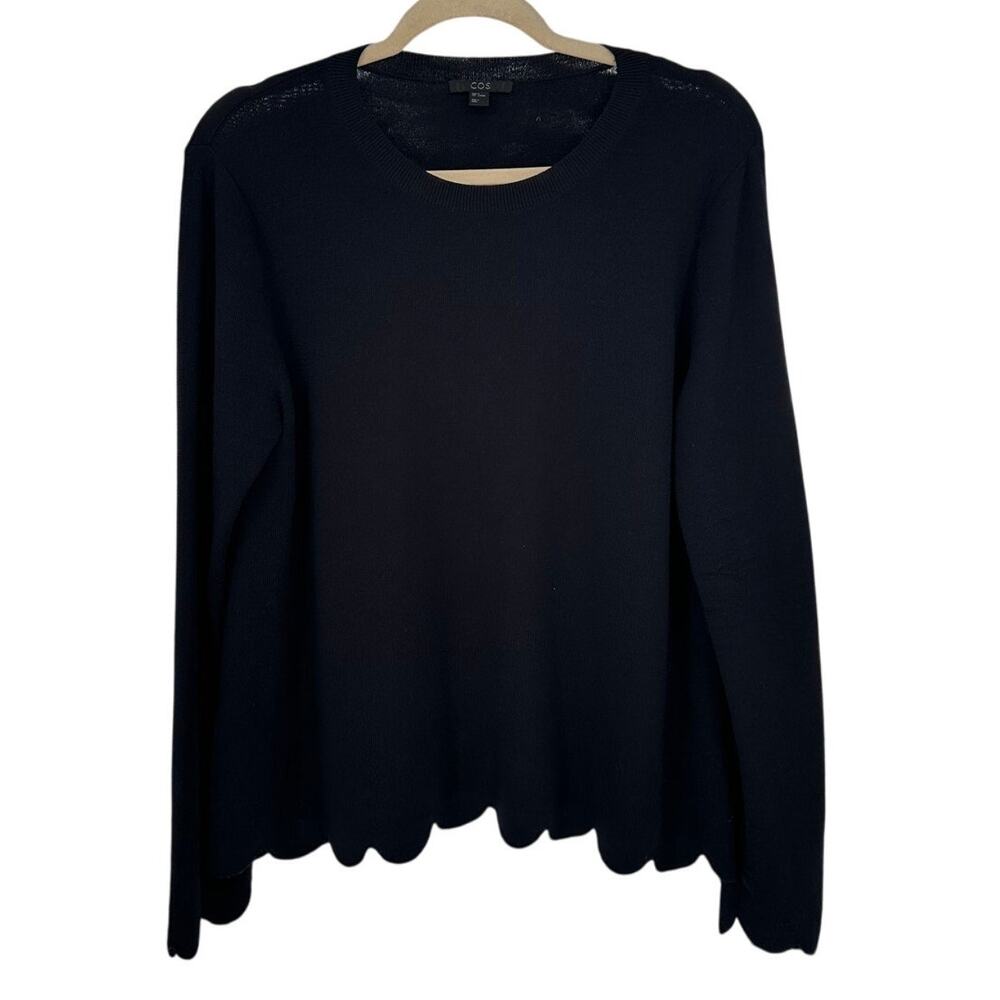 COS 100% Wool Dark Blue Scalloped Hem Sweater Crew Neck Long Sleeve Winter M